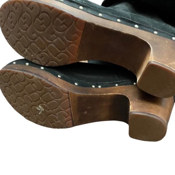 UGG Shearling Clog Boots Womens 9 Black Leather Wooden Heel Studded - - Picture 6 of 8